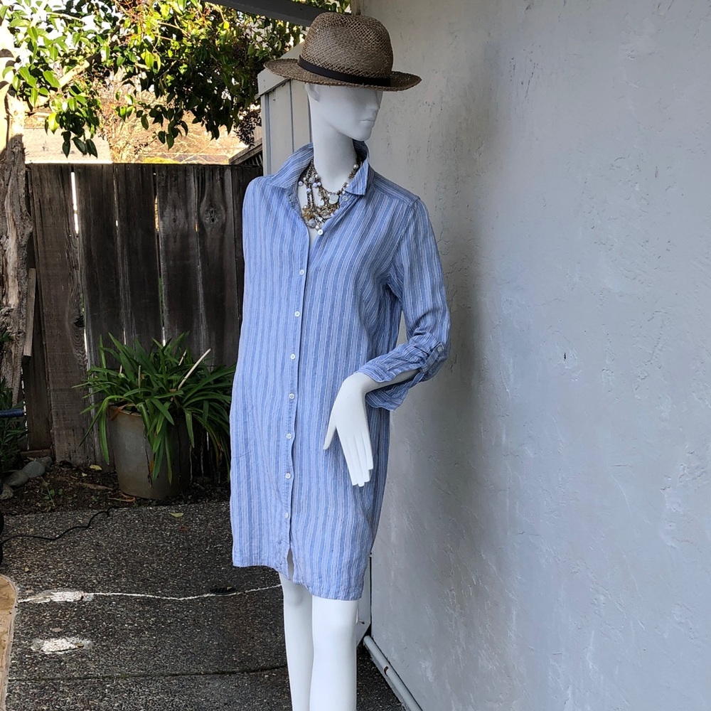 J. Jill Light Blue Striped Linen Long Sleeve Dress